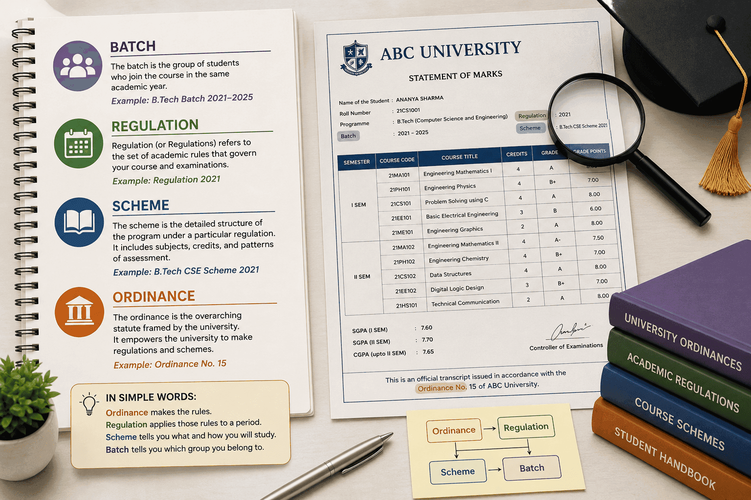 What Do “Batch”, “Regulation”, “Scheme” and “Ordinance” Mean on an Indian University Marksheet?