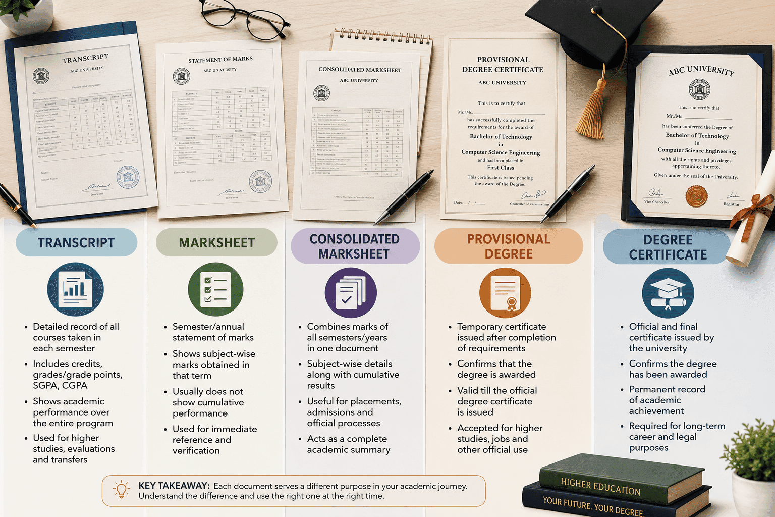 Transcript vs Marksheet vs Consolidated Marksheet vs Provisional Degree vs Degree Certificate: What Each Document Means in India